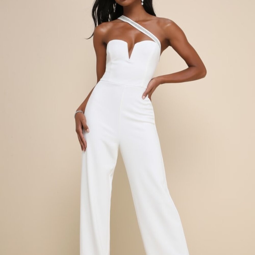 Lulus Sparkling Praise White Notched Rhinestone One-shoulder Jumpsuit - Size L